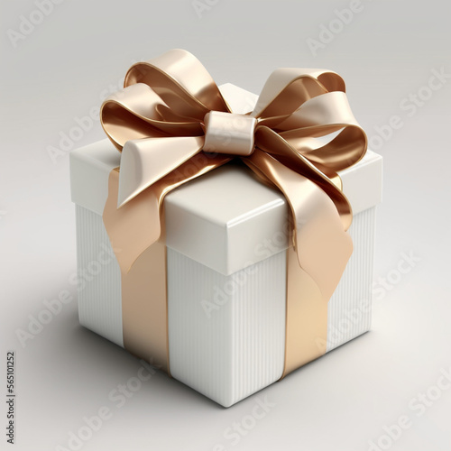 Gift box with bow in light gold color for gifts on Christmas, birthday or valentine's day, gift box in white color and white background