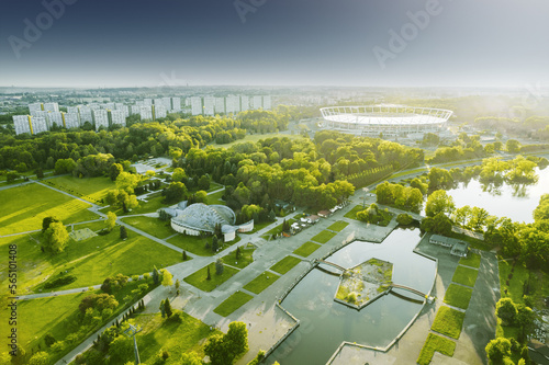 Obraz na płótnie Park Śląski, zachód słońca, stadion śląski w salonie