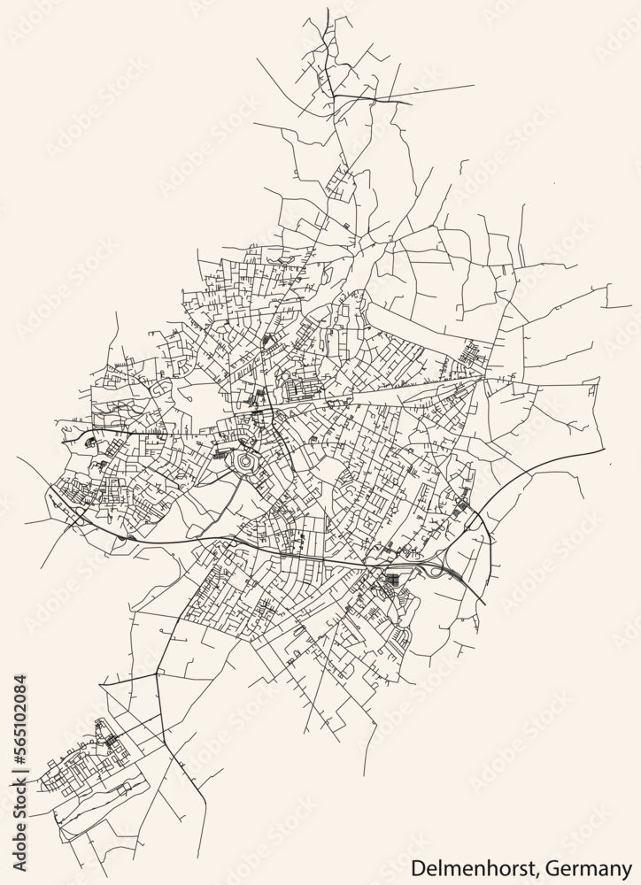 Detailed navigation black lines urban street roads map of the German town of DELMENHORST, GERMANY on vintage beige background