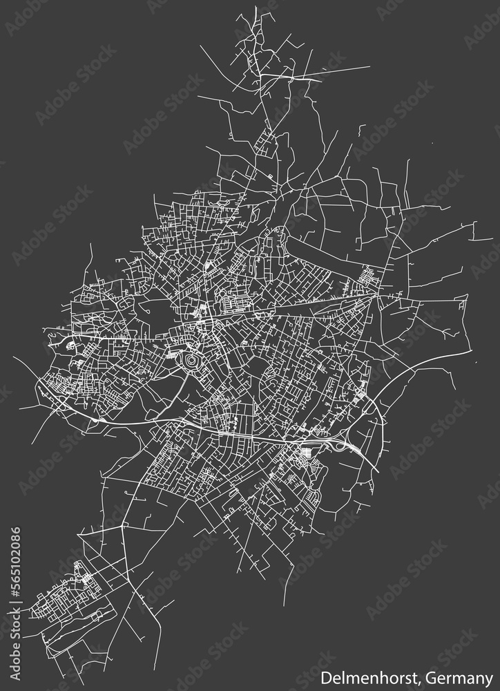 Detailed negative navigation white lines urban street roads map of the German town of DELMENHORST, GERMANY on dark gray background
