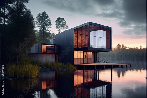 Sunset over the river. AI generated art illustration. 