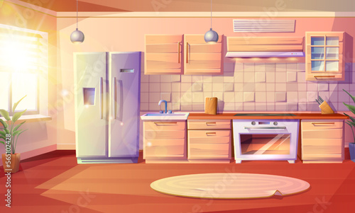 Vector cartoon style illustration of kitchen room. Fridge, oven with a stove and hob, sink, kabinets and extractor hood.