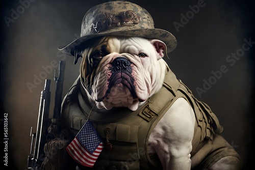 Portrait of an english bulldog dressed as a United States military, generative ai photo