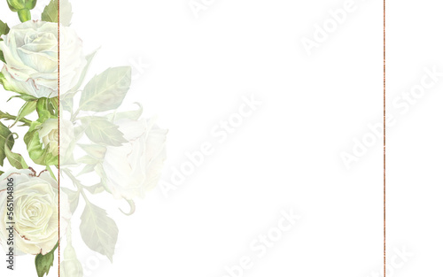 Watercolor illustration. Rectangular frame with white roses with translucent veil and gold edging. Place for inscription or text. Isolated on a white background.For design of card, wedding invitation