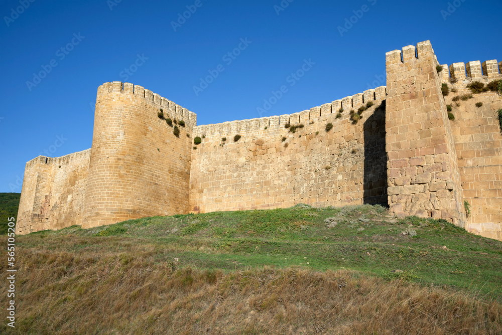 The wall with the towers of the old fortress of Naryn-Kala. Derbent, Dagestan. Russia