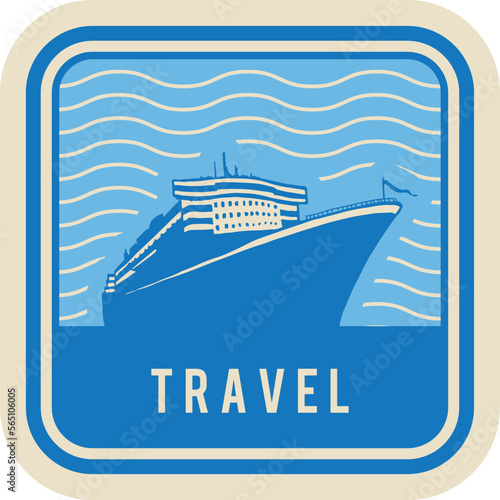 Marine travel sticker. Retro paper label with cruise ship