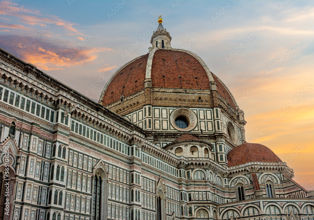 Cathedral of Saint Mary of the Flower (Cattedrale di Santa Maria del Fiore) or Duomo di Firenze at sunset, Florence, Italy