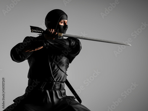 A ninja holding a ninja sword. 3D illustration.