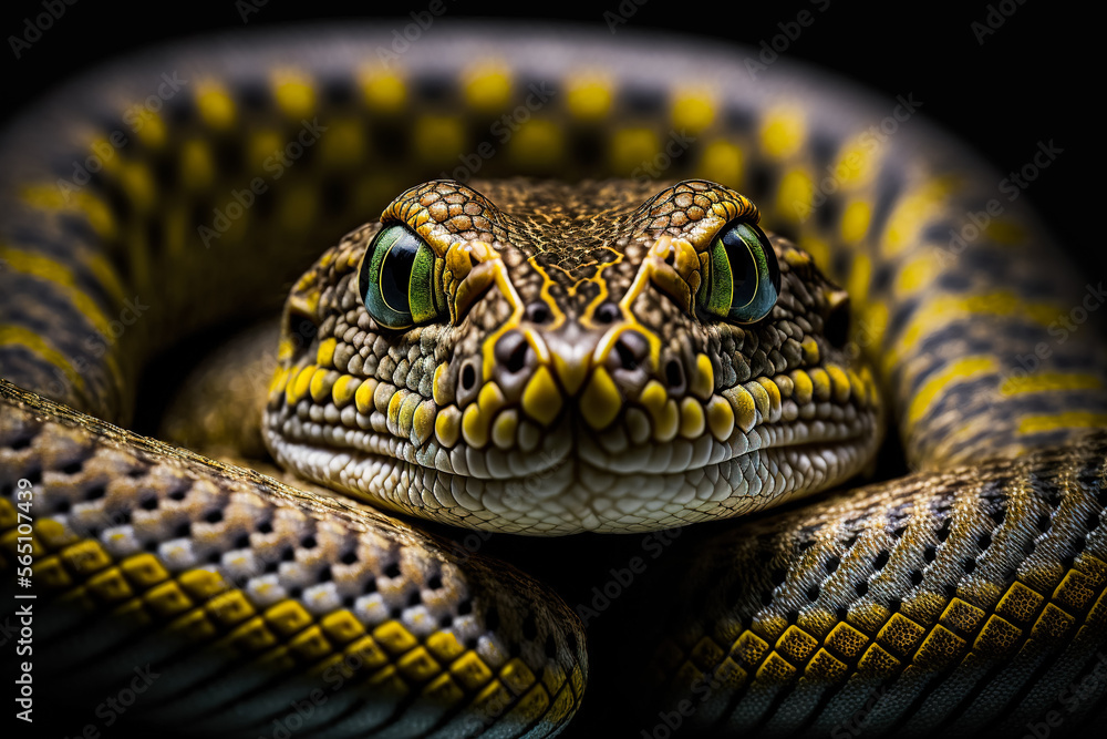 Fototapeta premium Portrait of a poisonous snake on a black background, close-up shot, generative ai