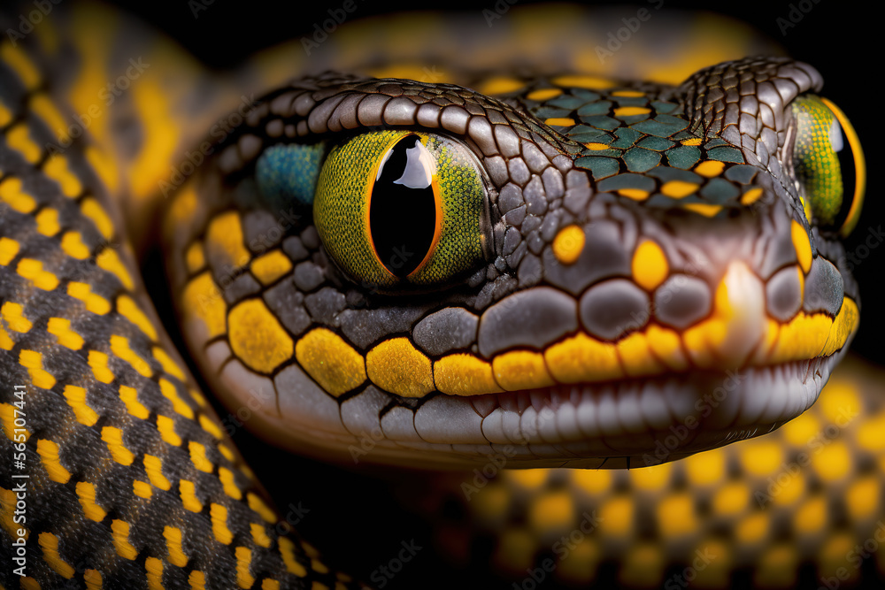 Fototapeta premium Portrait of a poisonous snake on a black background, close-up shot, generative ai