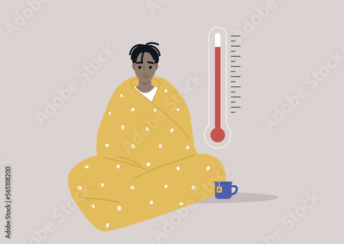 A young African character wrapped in a blanket unwell with high temperature and headache