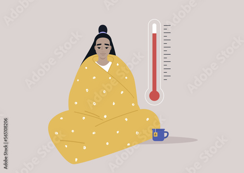 A young Asian character wrapped in a blanket unwell with high temperature and headache