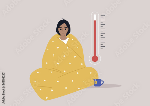 A young Caucasian character wrapped in a blanket unwell with high temperature and headache