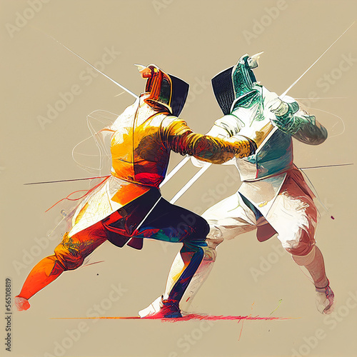 fencing illustrations showcasing the dynamic movements of the fighting. AI generated