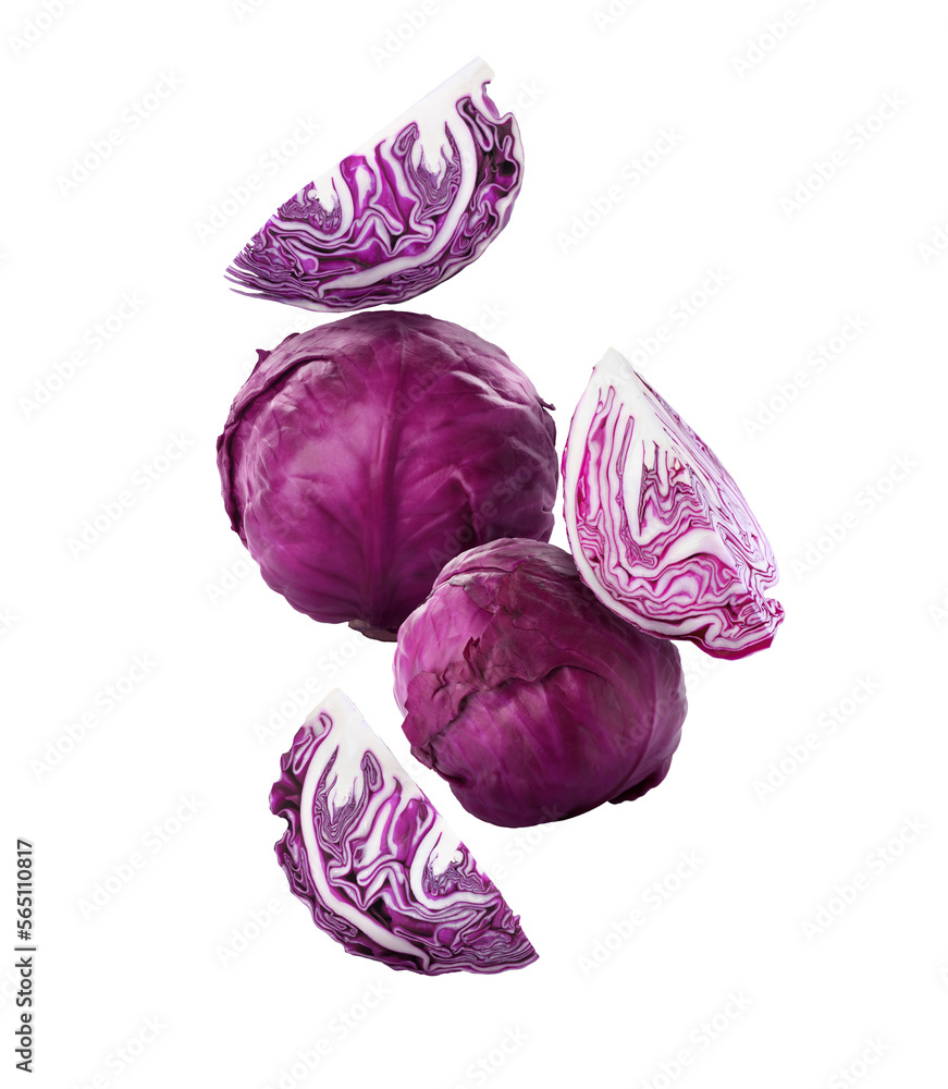 Delicious raw red cabbages falling on white background Delicious raw red cabbages falling on white background