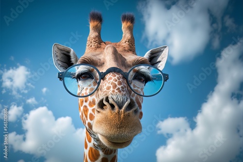 A Sight to Behold: A Giraffe Wears Glasses Against a Blue Sky photo