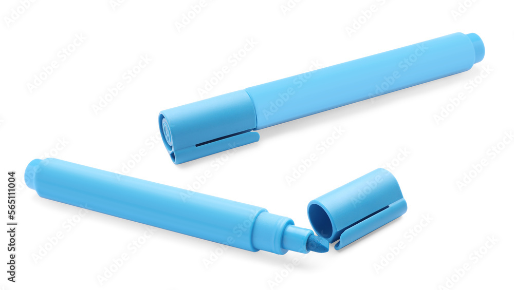 Bright light blue markers on white background. School stationery Bright light blue markers on white background. School stationery