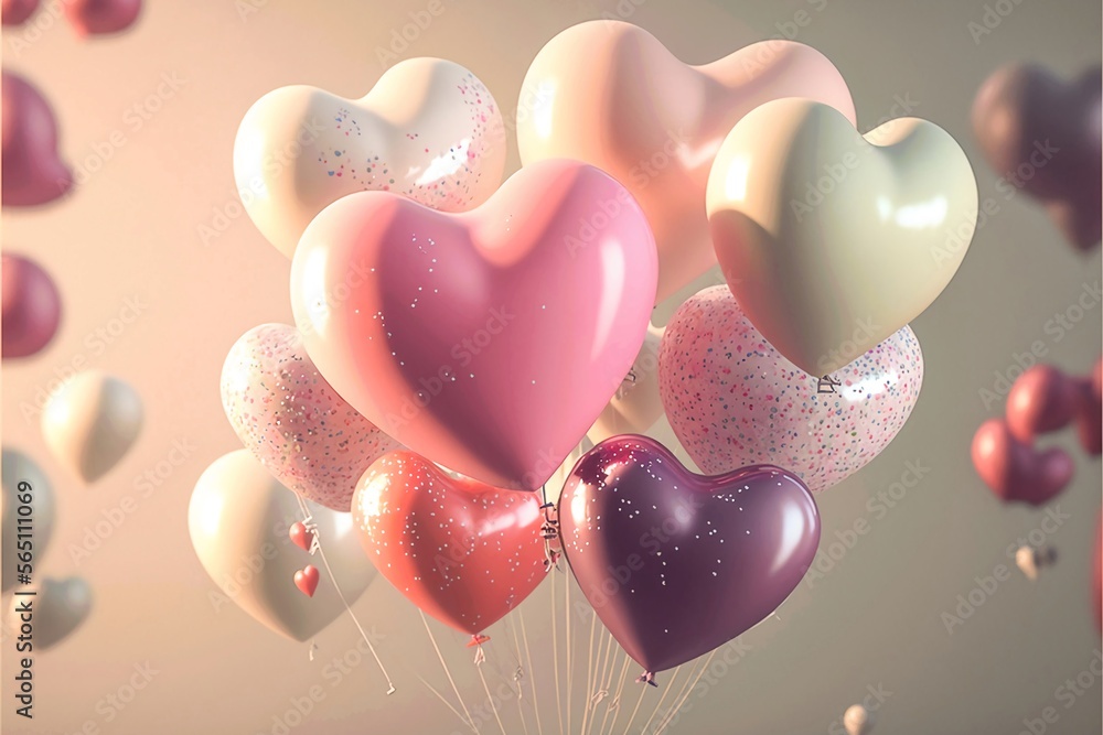 birthday party celebration, valentine's day heart balloons, pink purple, red, white, 3d