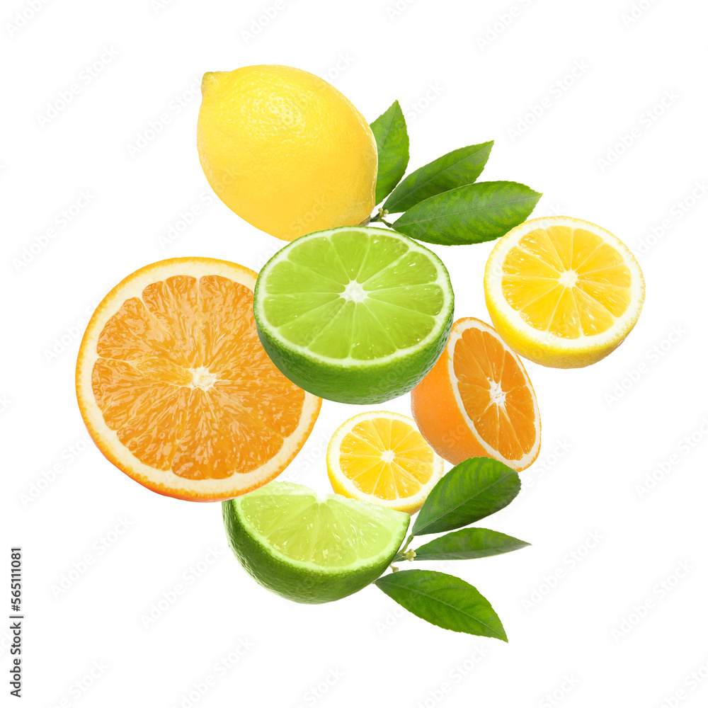 Different fresh citrus fruits and green leaves falling on white background Different fresh citrus fruits and green leaves falling on white background
