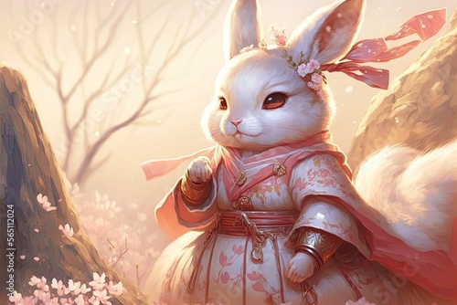 Chinese New Year of the rabbit 2023. a 3D illustration cartoon of a cute white rabbit wearing the traditional Chinese Hanfu clothing for celebration of water rabbit. photo