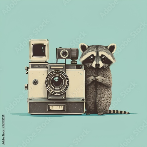 Raccoon taking photo with vintage camera
