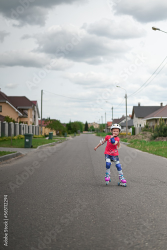 White girl roller skating in the suburbs