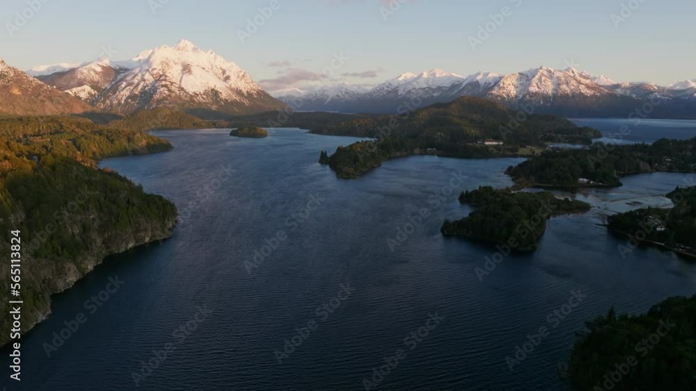 Drone Over Nahuel Huapi Lake With Sunlit Tronador Mountain Drone Over Nahuel Huapi Lake With Sunlit Tronador Mountain