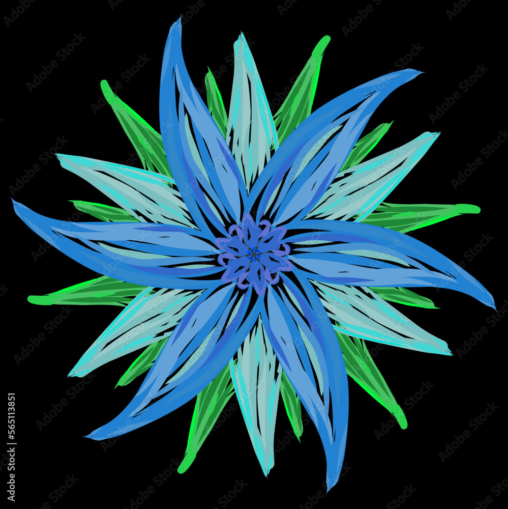 Pastel blue vector flower blossom. Hand painted nature, plant element on black background Pastel blue vector flower blossom. Hand painted nature, plant element on black background