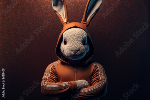 Fototapeta Naklejka Na Ścianę i Meble -  Portrait of a rabbit in a tracksuit, anthropomorphic animal illustration, AI-generated art
