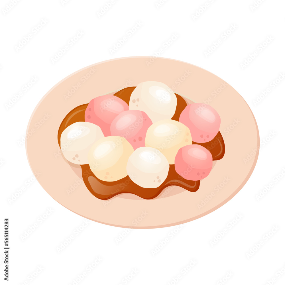 Chinese dessert tangyuan. Rice flour balls in sweet syrup. Asian food. Vector flat drawn illustration for restaurant dishes, menu, dessert, cooking concept