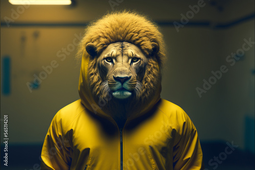 Portrait of a lion in a yellow tracksuit, illustration of an anthropomorphic animal, AI generated art