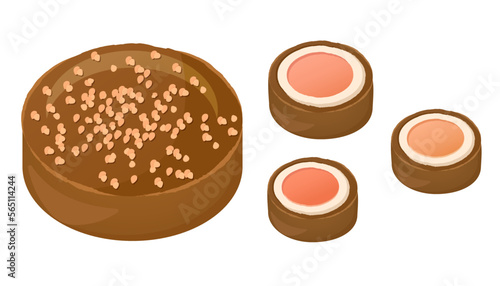Set of tasty rice cookies and sticky sweet pie with sesame seeds on top. Chinese dessert. Vector flat drawn illustration for restaurant dishes, menu, sweets, cooking concept