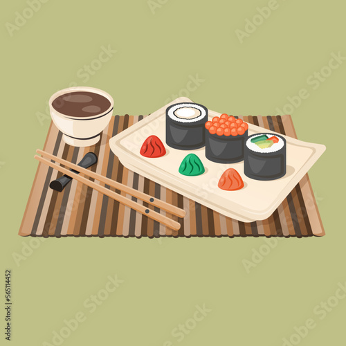 Composition of Japanese nigiri sushi rolls, with vassabi, sauce. Traditional Asian food closeup with chopsticks, wooden napkin. Vector flat illustration for menu, poster, flyer, banner, cooking 
