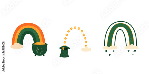 Set of St Patrick day rainbows, decorated hats, leaf clovers, coin, cauldron with coins. green scandinavian collection