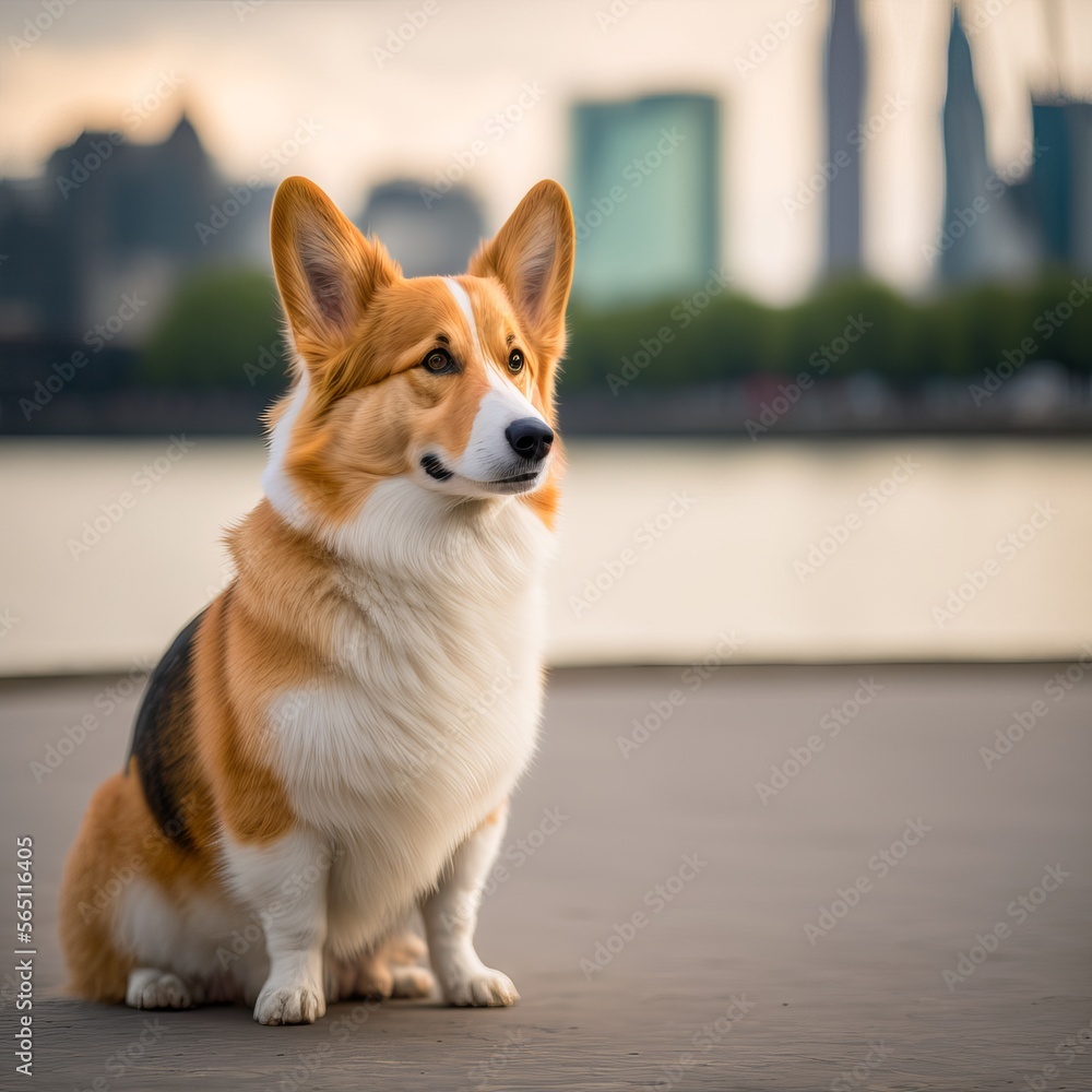 Portrait of Pembroke Welsh Corgi dog sitting at the street. Generative AI. Portrait of Pembroke Welsh Corgi dog sitting at the street. Generative AI.