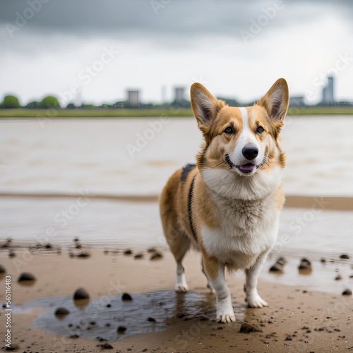 Portrait of corgi dog at the beach. Generative AI.