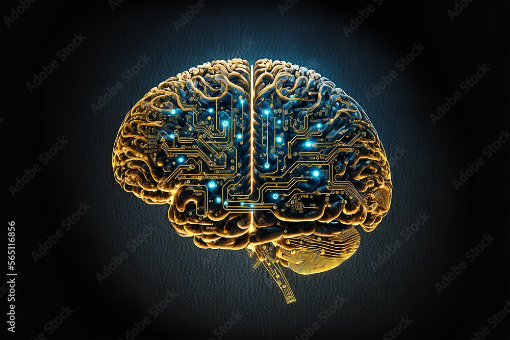 Very realistic image of a human brain glowing with symbols of ...