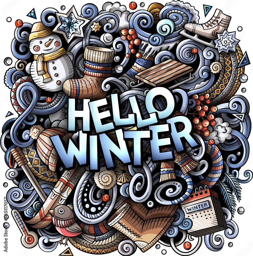 Hello Winter detailed lettering cartoon illustration