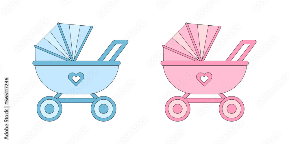 Two baby carriage are blue and pink. Two baby carriage are blue and pink.