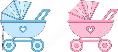 Two baby carriage are blue and pink.