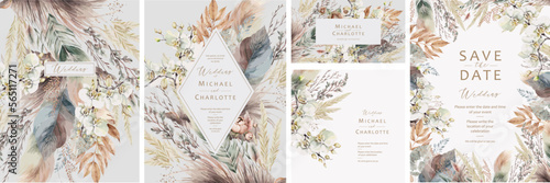 Wedding invitations in boho style. Save the Date. Vector beautiful watercolor plants, leaves and flowers for elegant modern greeting cards, congratulations in muted colors #565117271