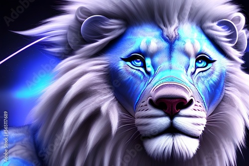 Portrait of a cute blue lion in a tracksuit, highly detailed, striking features, studio lighting, fine art photography, warm lighting - generative ai