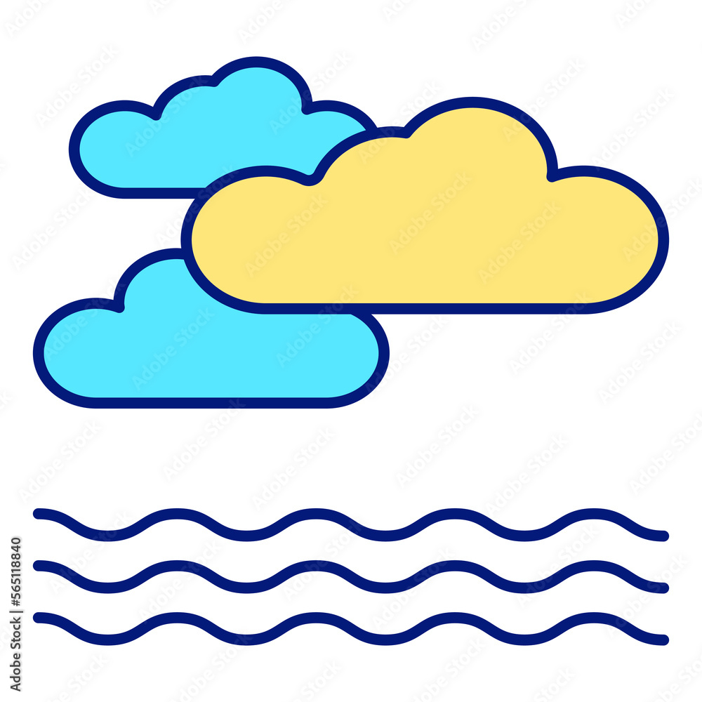Sea, ocean landscape, waves and clouds - icon, illustration on white background, color style Sea, ocean landscape, waves and clouds - icon, illustration on white background, color style