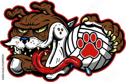  crazy bulldog mascot holding volleyball for school, college or league sports