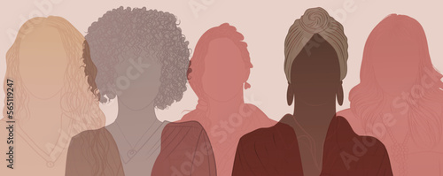 Communication group of multicultural diversity women and girls - face silhouette. Female social network community of diverse culture. Racial equality. Women day. Colleagues. Empowerment