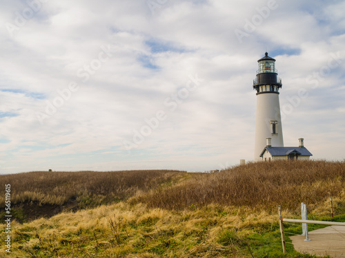 A majestic lighthouse on a high hill  on the ocean shore  overgrown with withered grass  burnt out in the hot sun. The sky is covered with solid clouds. Beautiful landscape  majestic architecture.