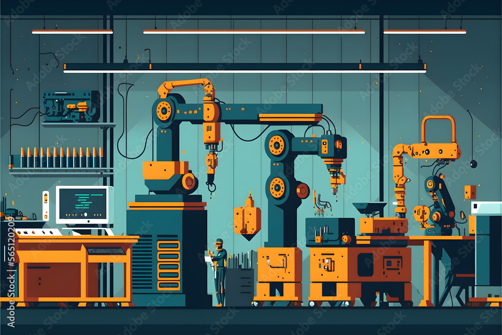Factory assembly line for manufacturing, Industrial robotic arm conveyor belt machines engineer workers, automatic technology Factory assembly line for manufacturing, Industrial robotic arm conveyor belt machines engineer workers, automatic technology