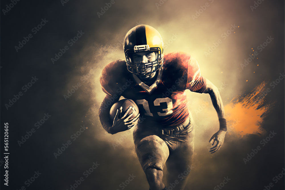 American football player running to the camera, front view. Ai Generative Content