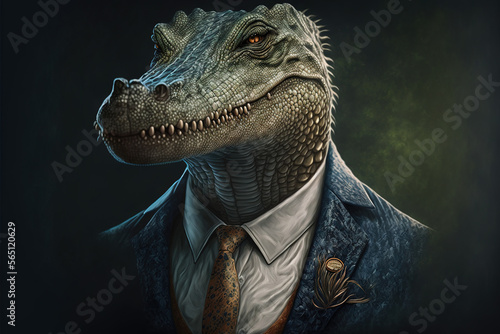 Portrait of crocodilein a business suit, at the office, generative ai. AI illustration photo