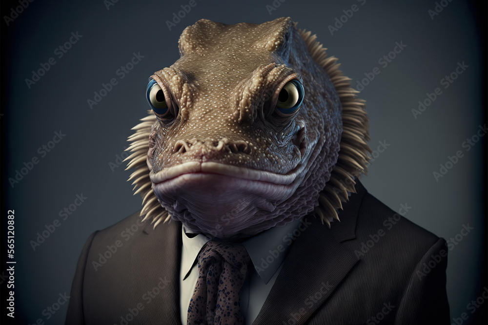 Portrait of a toadfish in suit man suit against gray background. AI illustration